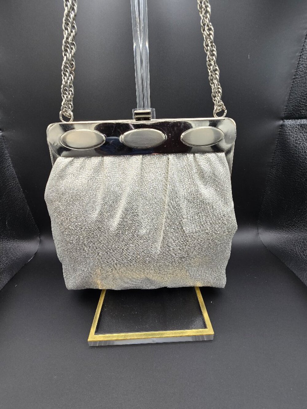 Vintage Silver Lame Evening Bag Mid Century Metal Frame Clutch and Chain Strap